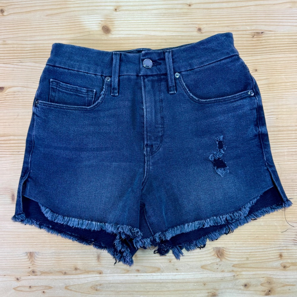 Good American Black Denim Cutoff‎ Shorts Size 27 High Rise Frayed Hem